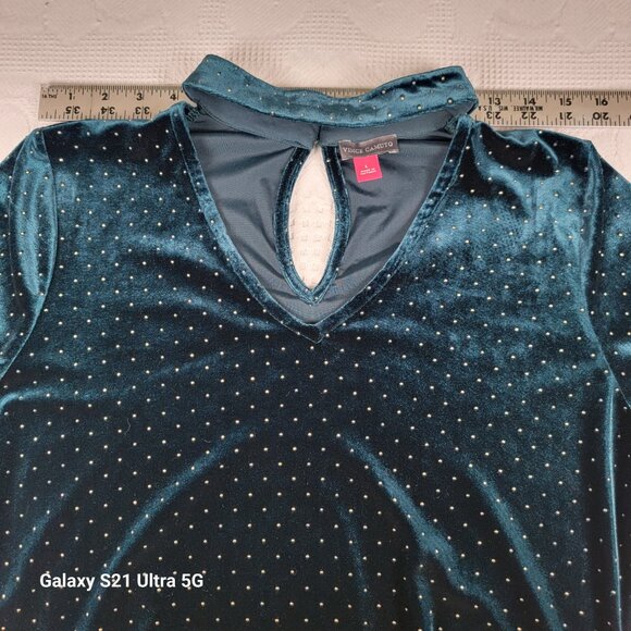Vince Camuto v-neck top green‎ velvet size Lg choker collar gold polka dot studs - Picture 4 of 10